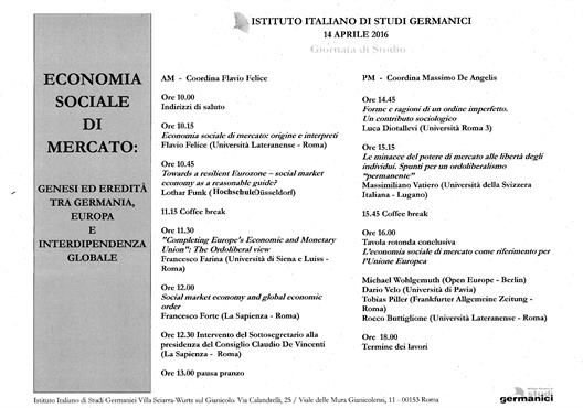 Tagungsprogramm „Economia Sociale di Mercato” am Istituto Italiano di Studi Germanici am 14. April 2016 in Rom.